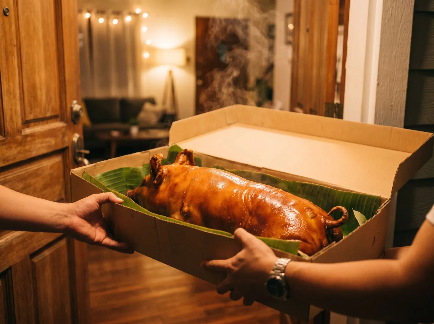 Hands receiving a boxed whole Cebu lechon at a Metro Manila door