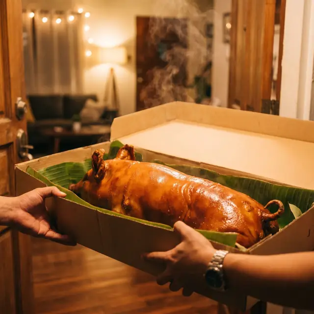 Hands placing a boxed Cebu lechon ready for delivery