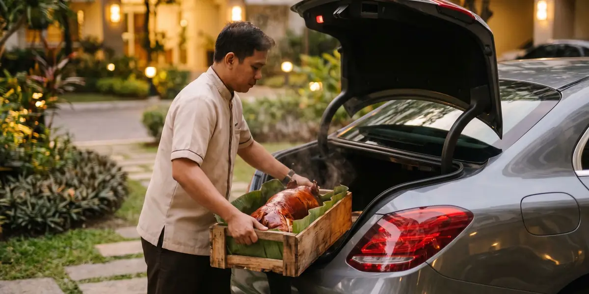 Boarcher staff loading a boxed whole Cebu lechon into a car