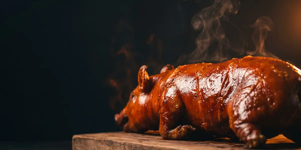 Whole Cebu lechon with crisp amber skin, freshly roasted