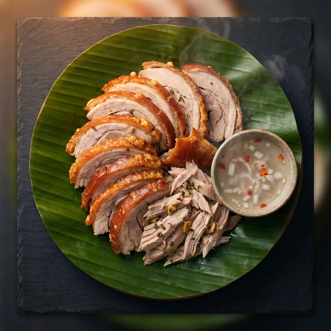 Sliced Cebu lechon fanned on a leaf with a bowl of seasoned vinegar